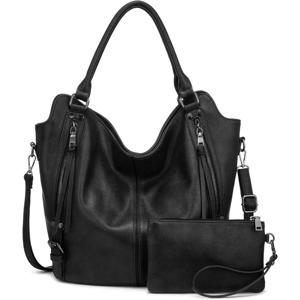 Women's Black Large PU Leather Tote Bag - Fashion Hobo Purse w/Strap